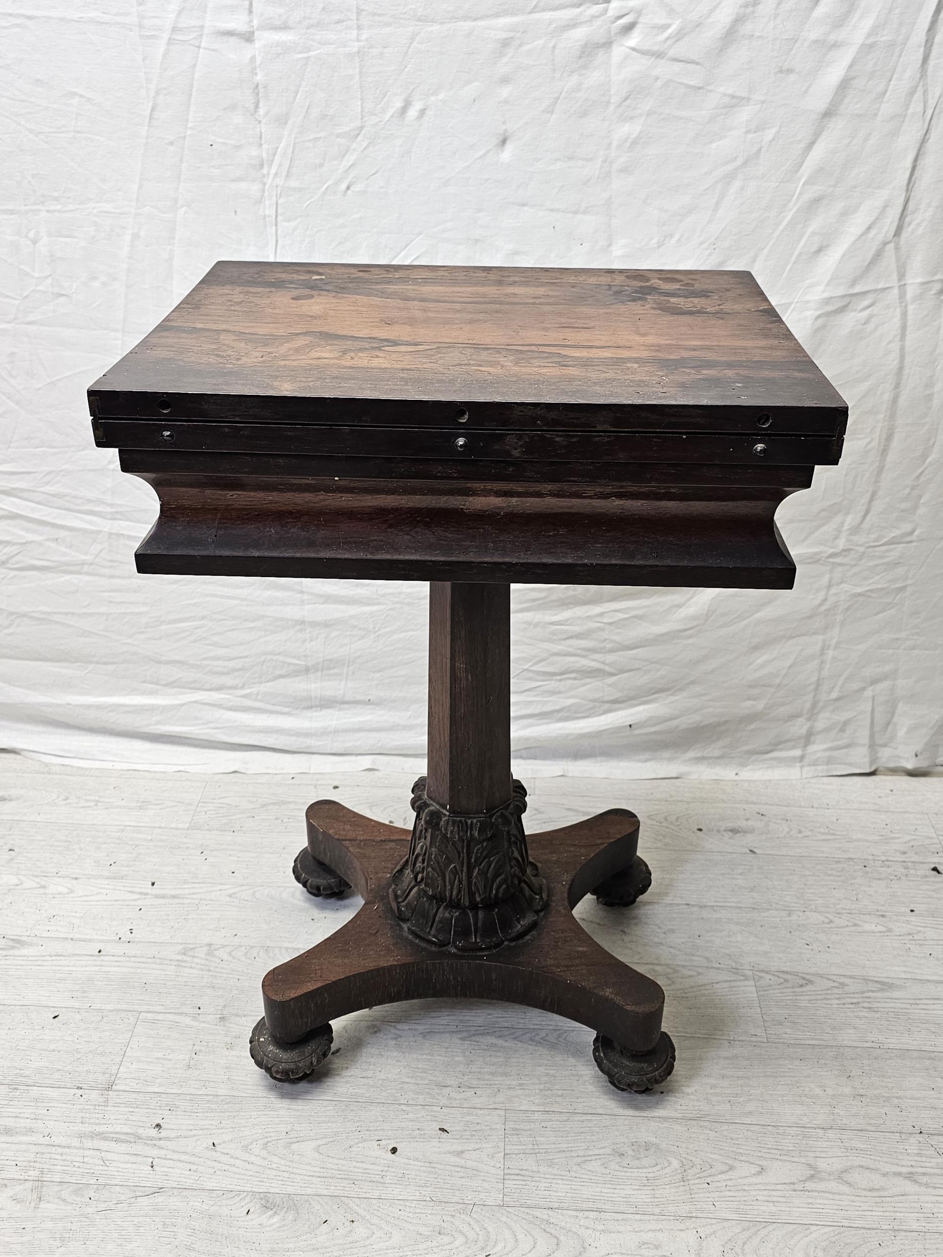 A William IV rosewood fold over top chess and card table raised on faceted column and acanthus - Image 8 of 12