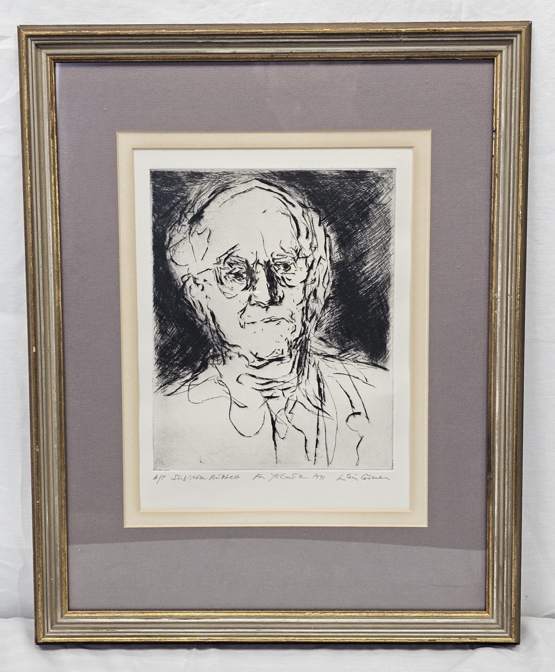 Artist's proof etching of V S Pritchett signed by the artist, framed and glazed. H.52 W.41cm. - Image 2 of 5