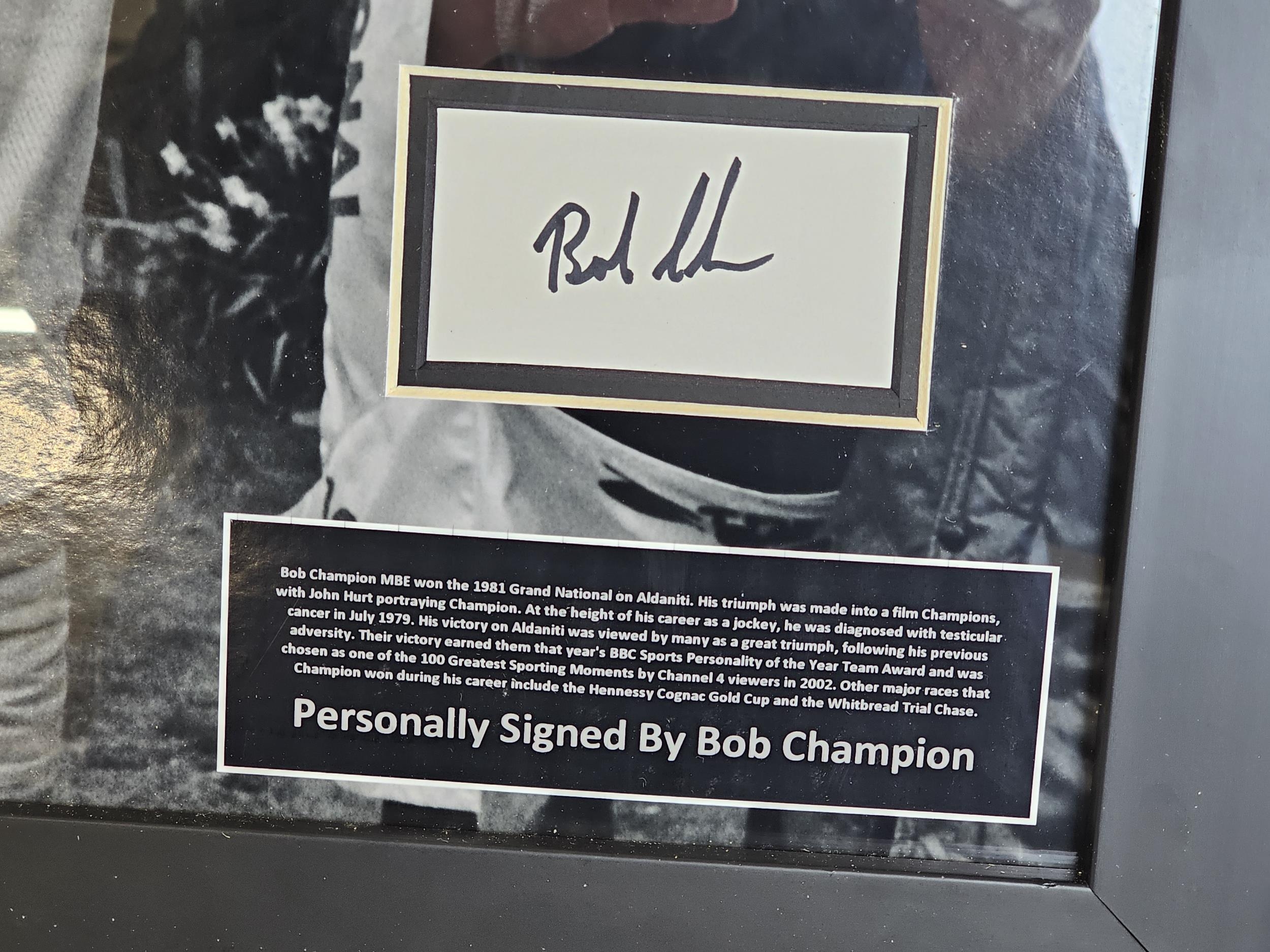 A framed photograph of Bob Champion and Aldaniti, signed by Bob Champion, with certificate. H.60 W. - Image 2 of 4