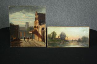 Two unframed oils on canvas, 19th century landscape and a town scene. H.36 W.30cm. (largest)