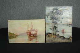 Two unframed oils on canvas, galleon at anchor signed J G Purvis and a coastal scene indistinctly
