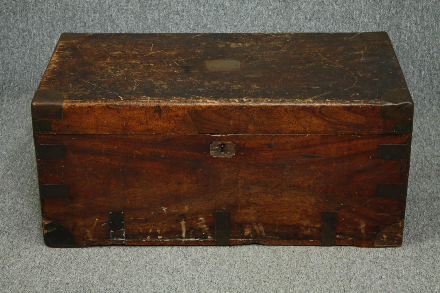 Travelling chest, 19th century camphor and brass bound. H.40 W.80 D.46cm.