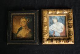 A small oil on panel, portrait of a Tudor lady and a 19th century Grand Tour watercolour, Cleopatra.