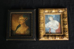 A small oil on panel, portrait of a Tudor lady and a 19th century Grand Tour watercolour, Cleopatra.