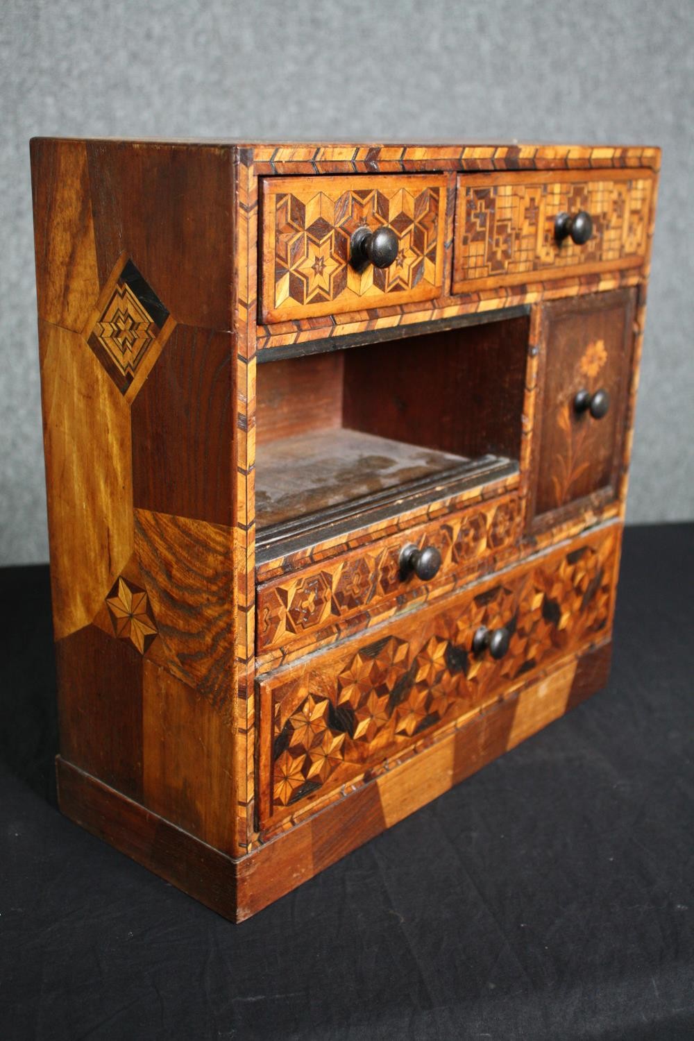 A 19th century parquetry table top cabinet, a Chinere lacquered miniature chest and a Victorian - Image 5 of 11