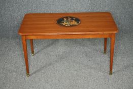 A vintage coffee table, 19th century style Continental satinwood with central painted cartouche.