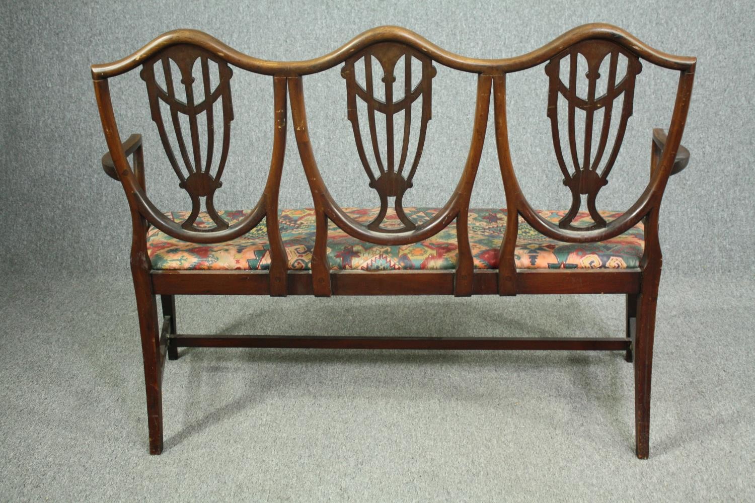 Bench sofa, Georgian style mahogany with triple Hepplewhite shield back. H.102 W.135 D.48cm. - Image 6 of 7