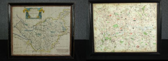 A 19th century hand coloured engraved map of Chester and a mid century London bus map, both framed