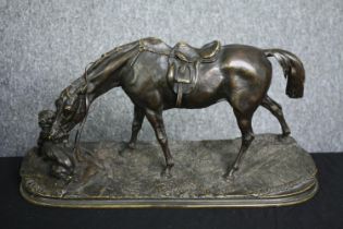 After Pierre-Jules Mene, an early 20th century bronze group, horse and dog. H.24 W.47 D.18cm.