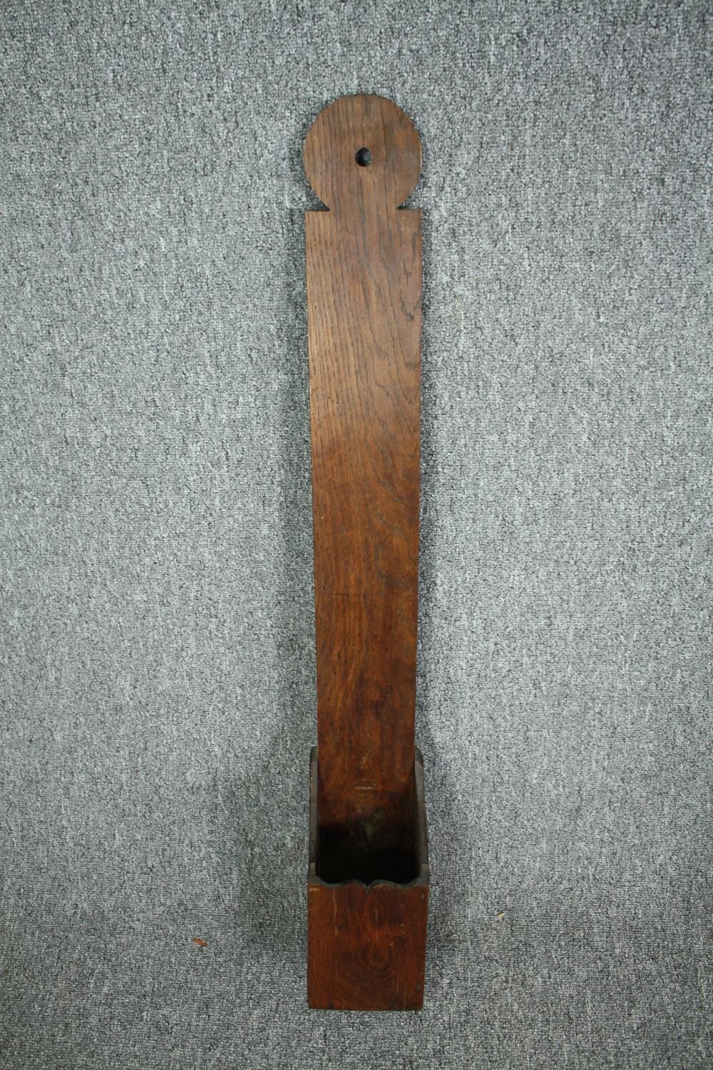 An antique oak stool on stretchered supports along with a 19th century candle box and a bed - Image 4 of 8