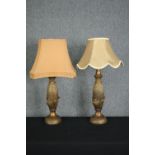 A pair of gilt table lamps with corn shaped stems. H.82cm. (each)