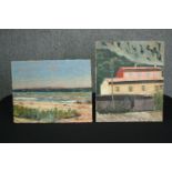 Two unframed oils on canvas, a beach scene and houses with mountains in the background. H.46 W.39cm.