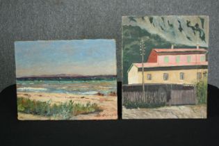 Two unframed oils on canvas, a beach scene and houses with mountains in the background. H.46 W.39cm.