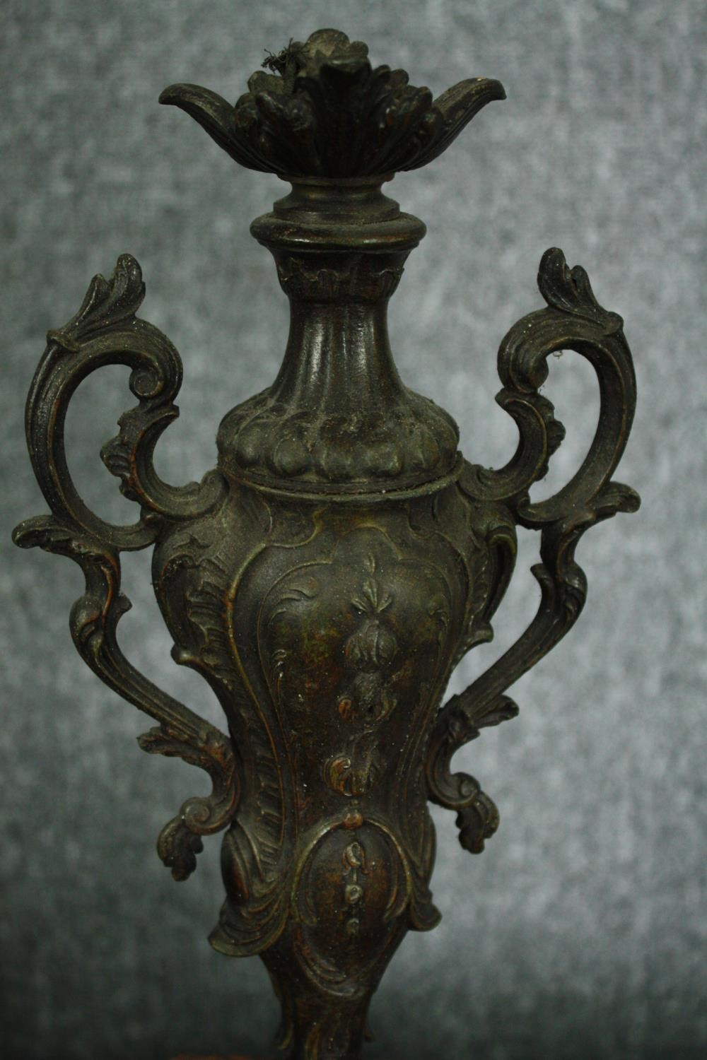 A pair of 19th century spelter and rouge marble urns converted to electricity. H.52cm. (each) - Image 5 of 8