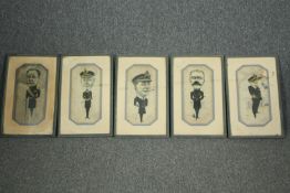 A set of five framed and glazed pen and ink caricature sketches of navy officers, monogrammed GHP.