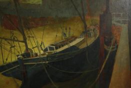 Oil on board, mid century, a boat moored at low tide, indistinctly signed. H.49 W.60cm.