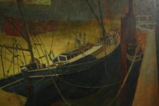 Oil on board, mid century, a boat moored at low tide, indistinctly signed. H.49 W.60cm.