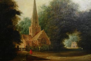 Oil on canvas, 19th century, church with country house in the distance. H.36 W.46cm.