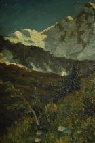 Oil on board, mountainous landscape, bears plaque Punta Gnifetti, signed M Sola. H.40 W.30cm.