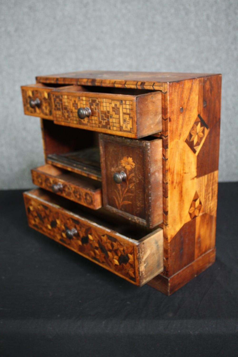 A 19th century parquetry table top cabinet, a Chinere lacquered miniature chest and a Victorian - Image 6 of 11