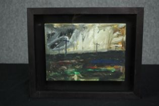 STOT21stCplanB (Harry Adams), oil and caustic paint on board: Telegraph Poles, framed. H.28 W.35cm.