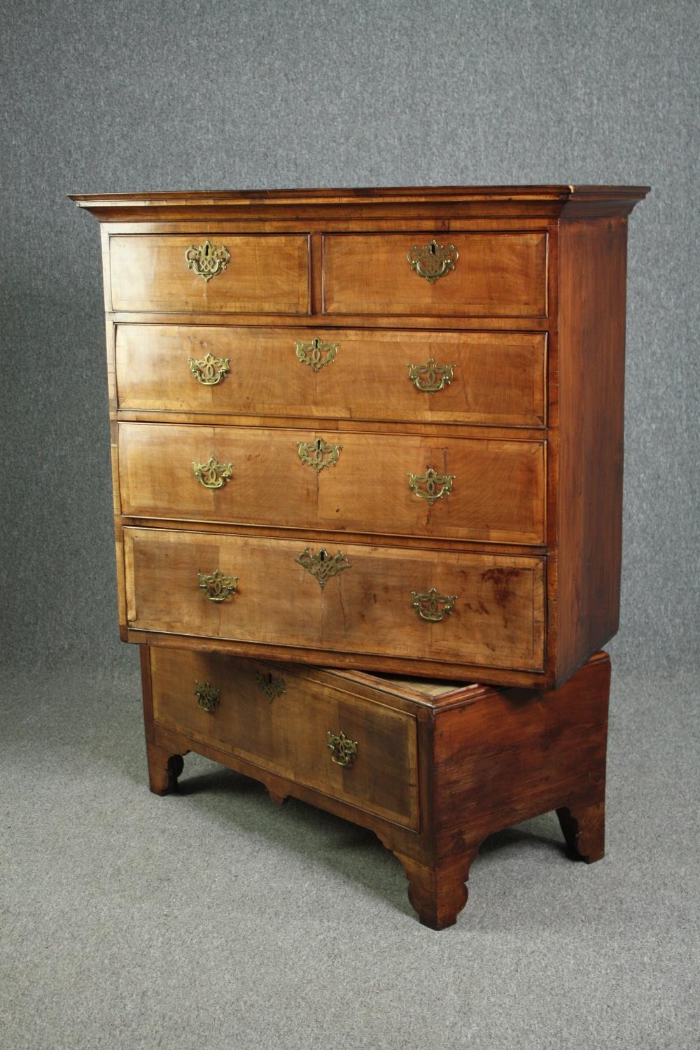 Chest of drawers, early Georgian crossbanded walnut on base fitted with drawer. H.133 W.96 D.47cm. - Image 8 of 8