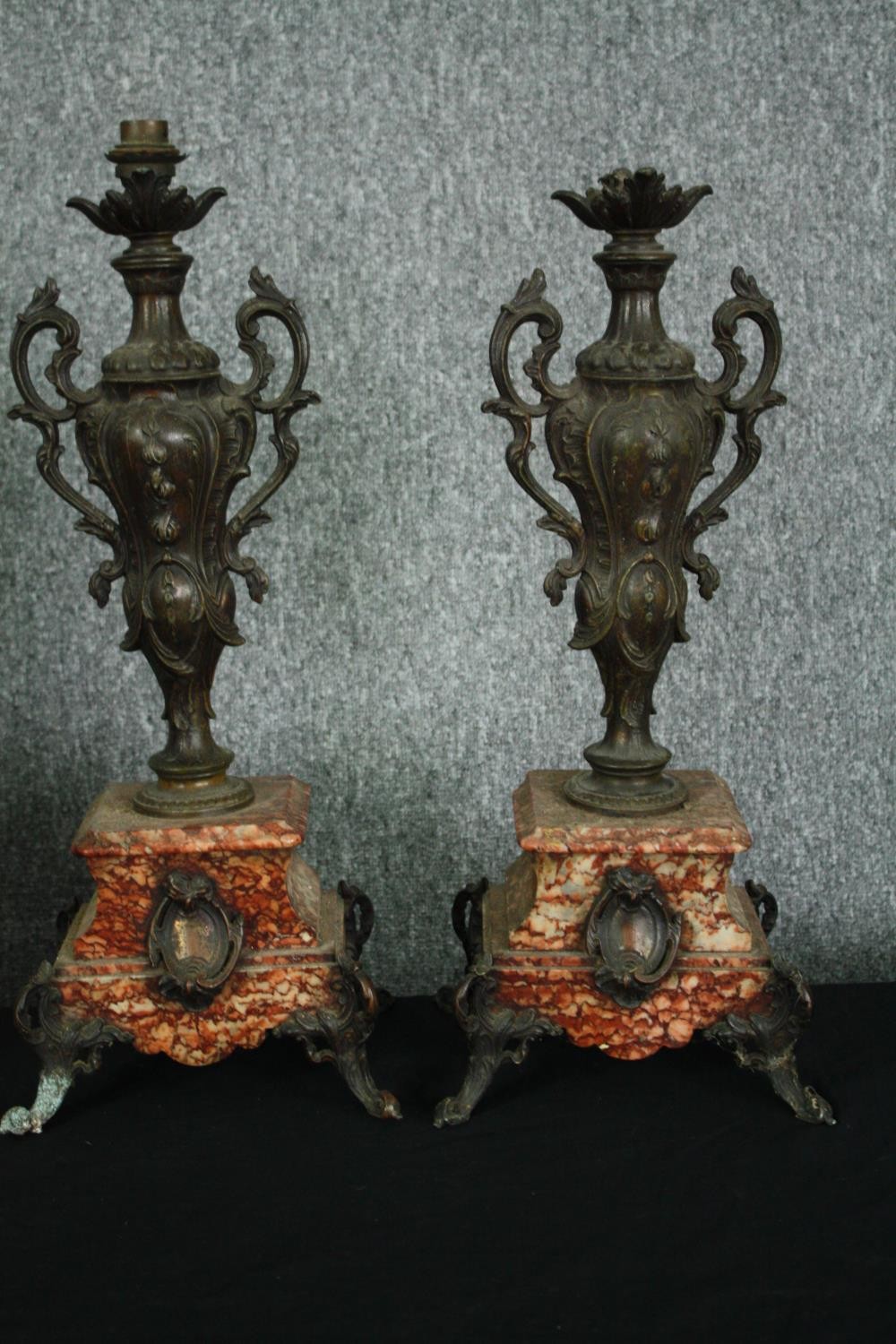 A pair of 19th century spelter and rouge marble urns converted to electricity. H.52cm. (each)