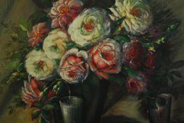 Oil on board, early 20th century still life flowers, signed R A Brugger. H.57 W.71cm.
