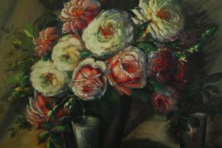 Oil on board, early 20th century still life flowers, signed R A Brugger. H.57 W.71cm.