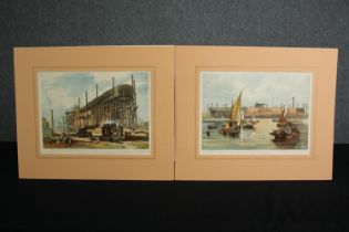 Great Eastern on the Stocks, a pair of early 20th century hand coloured engravings after J W