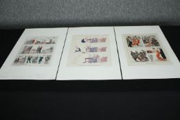 A set of three French Art Deco fashion prints in the form of a comic strip. H.51 W.33cm. (each)