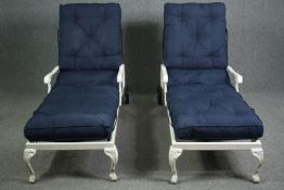 A pair of 19th century style painted garden loungers with adjustable backs. H.95 W.190 D.70cm. (