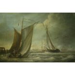 Oil on canvas, 19th century, sailing boats at sea with tall ships in the distance, indistinctly