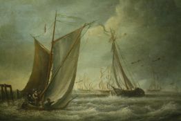 Oil on canvas, 19th century, sailing boats at sea with tall ships in the distance, indistinctly