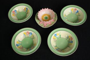 A set of four vintage Royal Staffordshire Crocus bowls by Clarise Cliff along with a Carlton Ware