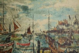 Joseph Florit, oil on canvas, Continental harbour, signed, unframed. H.50 W.100cm.