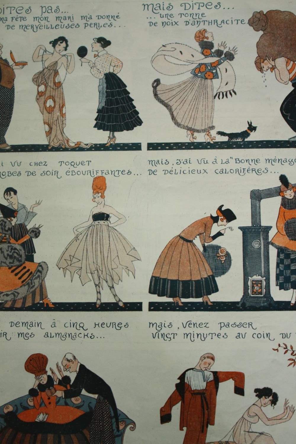 A set of three French Art Deco fashion prints in the form of a comic strip. H.51 W.33cm. (each) - Image 5 of 7