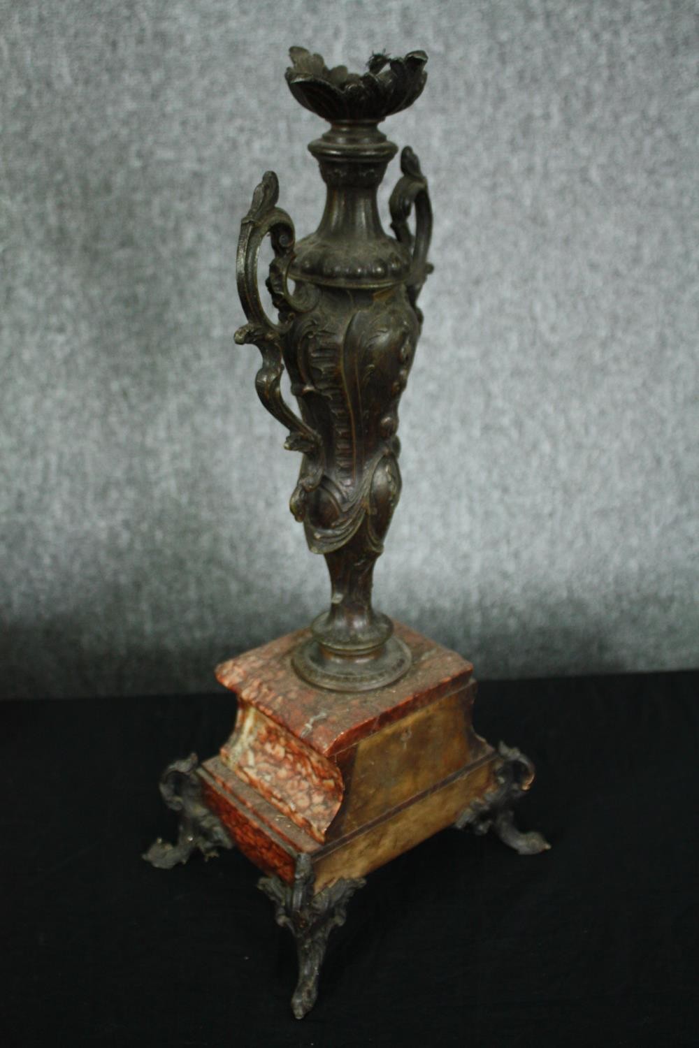 A pair of 19th century spelter and rouge marble urns converted to electricity. H.52cm. (each) - Image 3 of 8