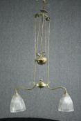 A vintage French twin light chandelier with rise and fall action. L.90cm. (as shown in photo)