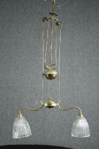 A vintage French twin light chandelier with rise and fall action. L.90cm. (as shown in photo)