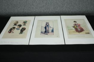 A set of three 19th century hand coloured engravings, French fashion. H.52 W.33cm. (each)