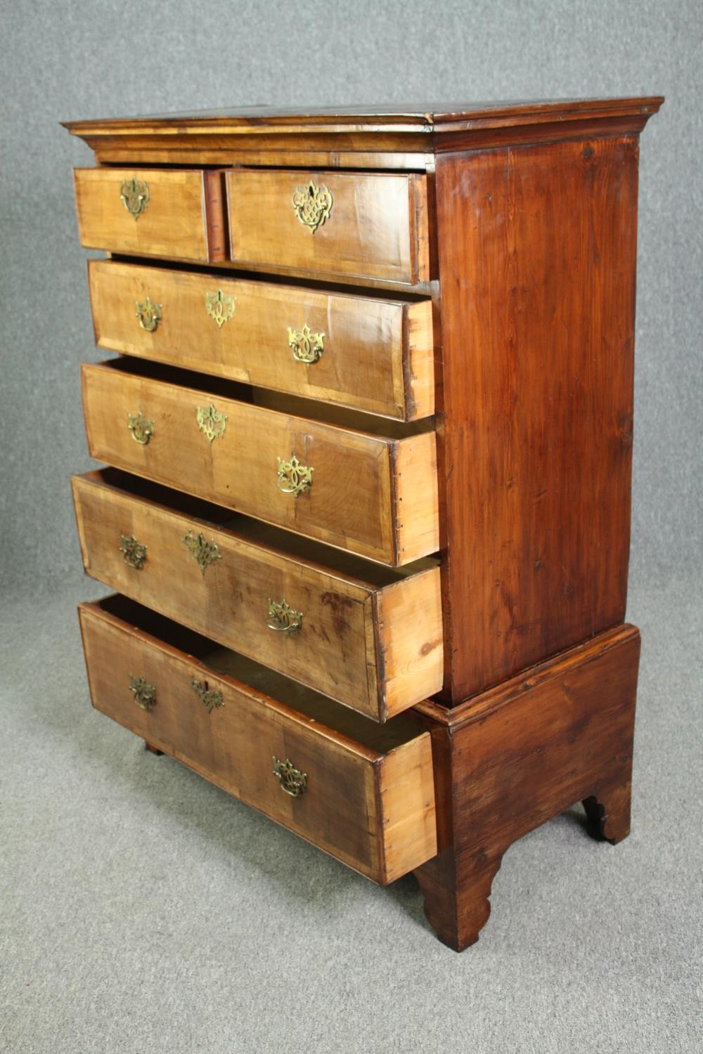 Chest of drawers, early Georgian crossbanded walnut on base fitted with drawer. H.133 W.96 D.47cm. - Image 5 of 8