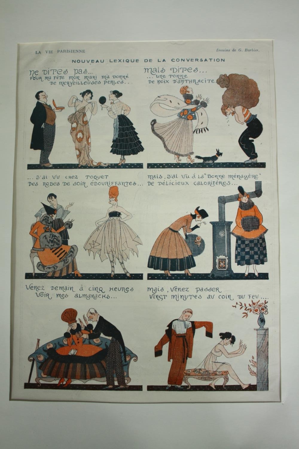 A set of three French Art Deco fashion prints in the form of a comic strip. H.51 W.33cm. (each) - Image 4 of 7