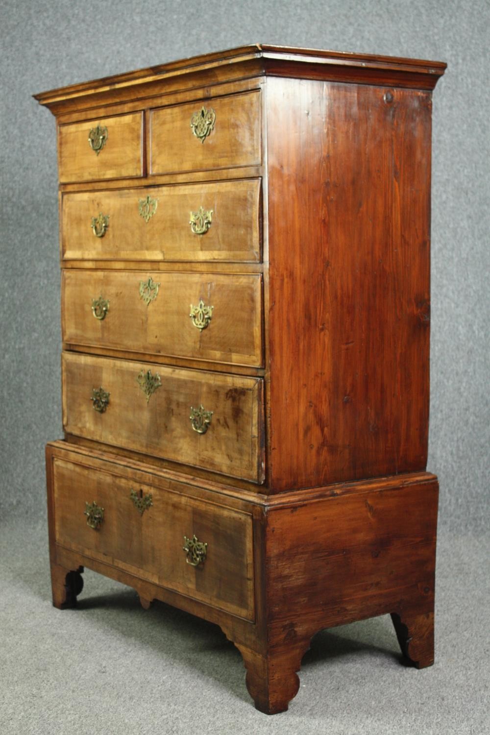 Chest of drawers, early Georgian crossbanded walnut on base fitted with drawer. H.133 W.96 D.47cm. - Image 4 of 8