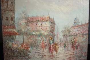 Oil on canvas, Parisian street scene, indistinctly signed. H.51 W.61cm.