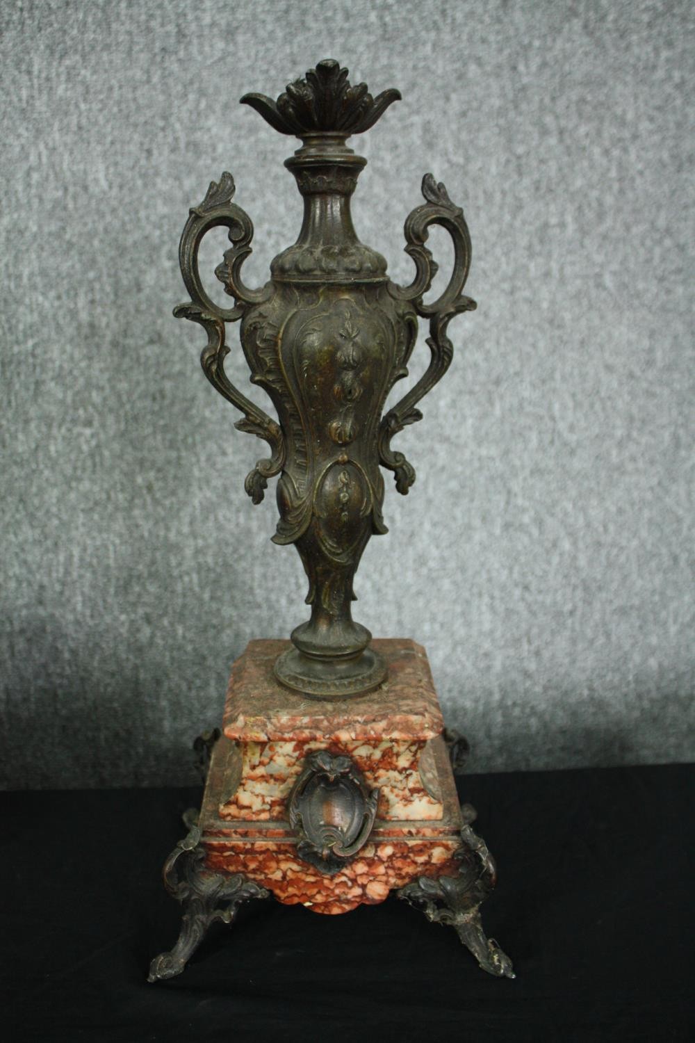 A pair of 19th century spelter and rouge marble urns converted to electricity. H.52cm. (each) - Image 2 of 8