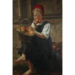 After Charles Victor Thirion, a large gilt framed print on canvas, girl eating an apple. H.118 W.