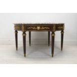 Coffee table, marble and mahogany Empire style with ormolu mounts. H.49 Dia.95cm.