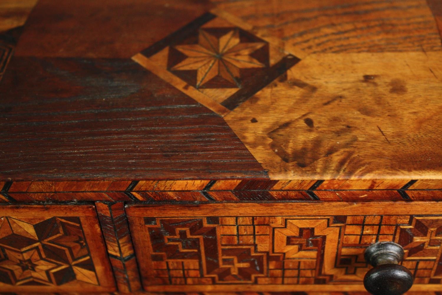A 19th century parquetry table top cabinet, a Chinere lacquered miniature chest and a Victorian - Image 7 of 11