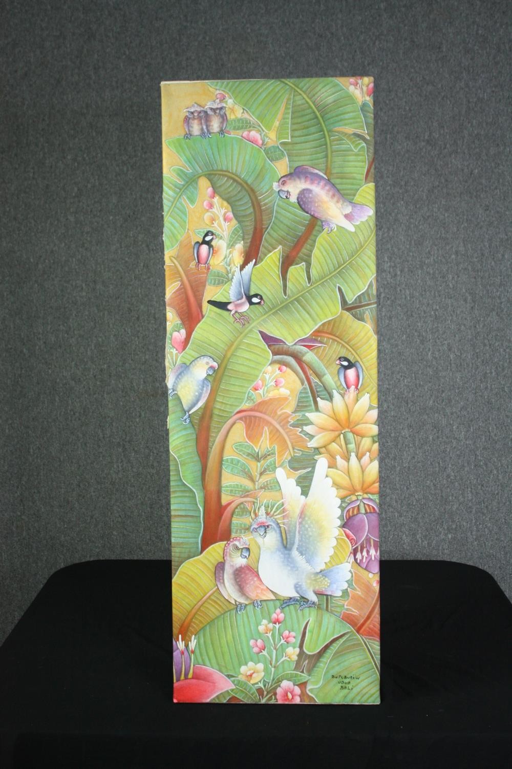 Acrylic on canvas, a variety of exotic birds in a Balinese jungle, signed. H.122 W.40cm. - Bild 3 aus 5